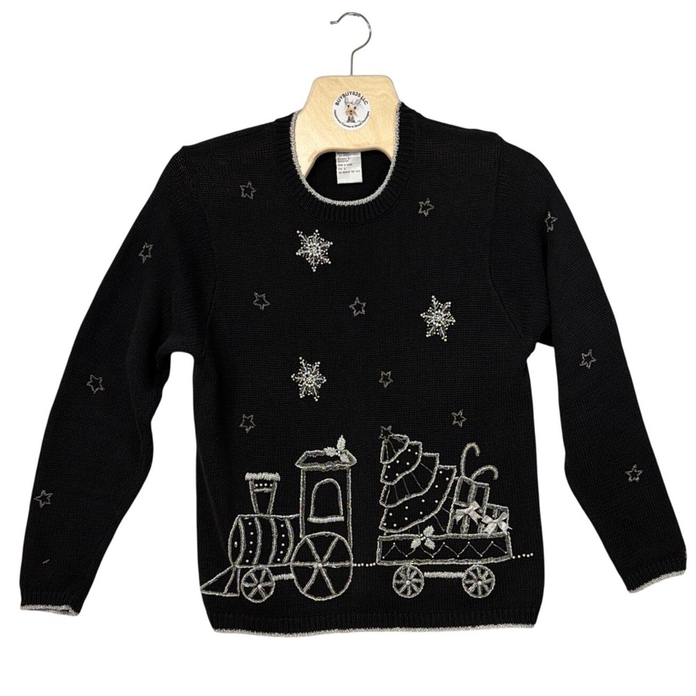 OHII Women's L Black Christmas Train Sweater Beaded Holiday Ramie Metallic‎ Trim